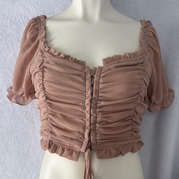 Ruched Crop Top Sheer Puff Sleeve‎ Ruffle Trim Tie Front Blouse - Picture 1 of 6